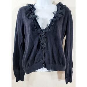 Bisou Bisou Black Cut Material Ruffled Collar Button Up Cardigan Sweater XL Soft